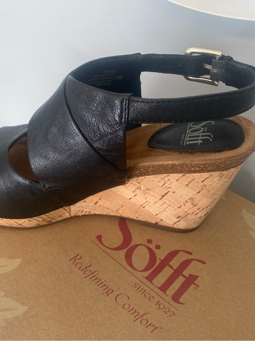 Sofft Black Leather Cork Wedge Slingback Sandals - Picture 4 of 7